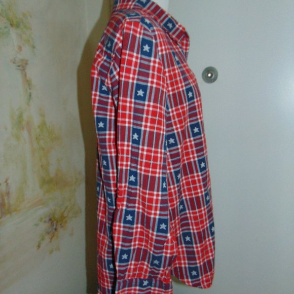 Collections Etc Women's Collared Button Down Shirt Plaid Cotton Stars Size Large - Picture 3 of 7